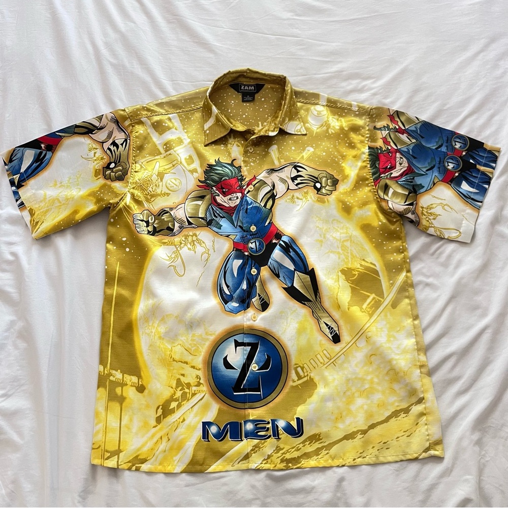 Zam Collection Yellow and Blue Casual Button Down Superhero Shirt
